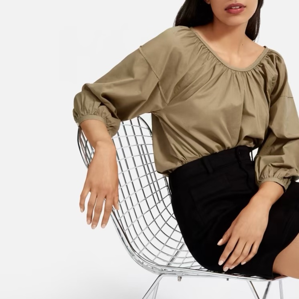 Everlane The Ruched Air Blouse Olive Green Tan Sz 2 / S